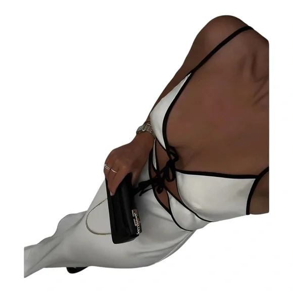 COMMENSE Semi-Sheer Contrast Trim Tie-Front Long Dress COLOR - White size Small - Picture 2 of 11